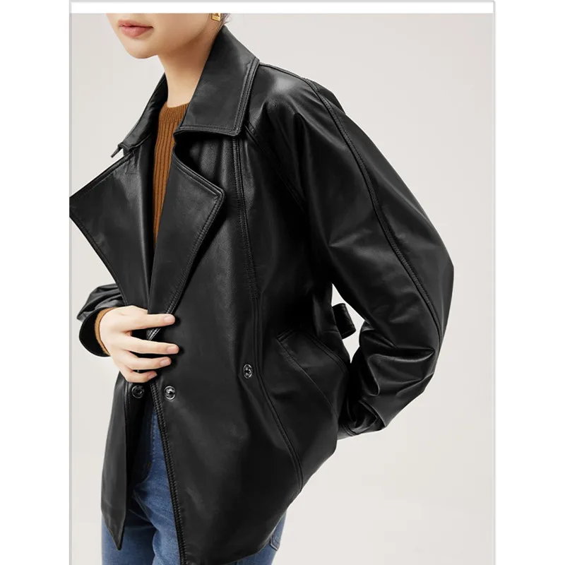 Enlarge Sheepskin Short Jacket Women's Spring Autumn Cool Motorcy Jacket Coat Female Genuine Leather Belt Tops