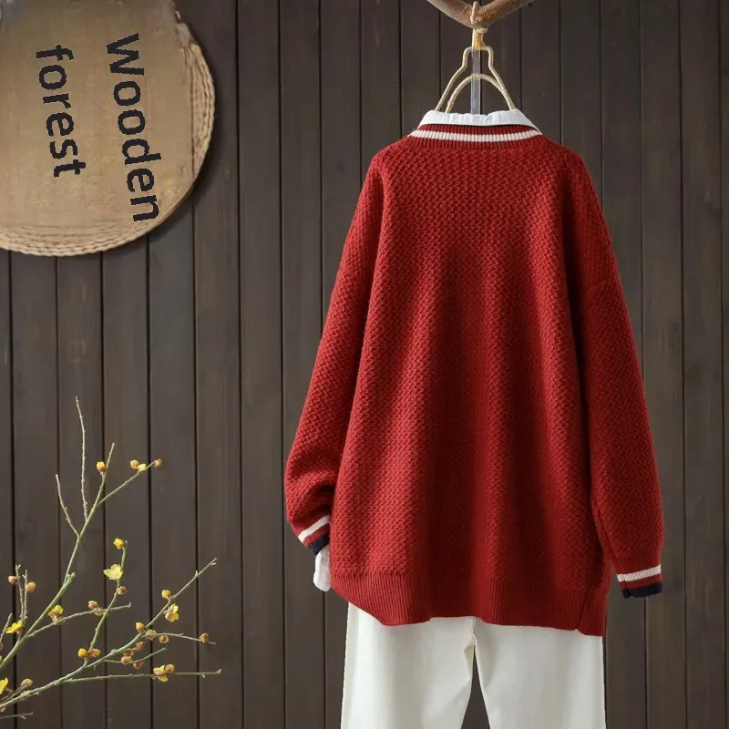 Осенний новый жаккардовый вязаный свитер с v-образным вырезом и медведем женский