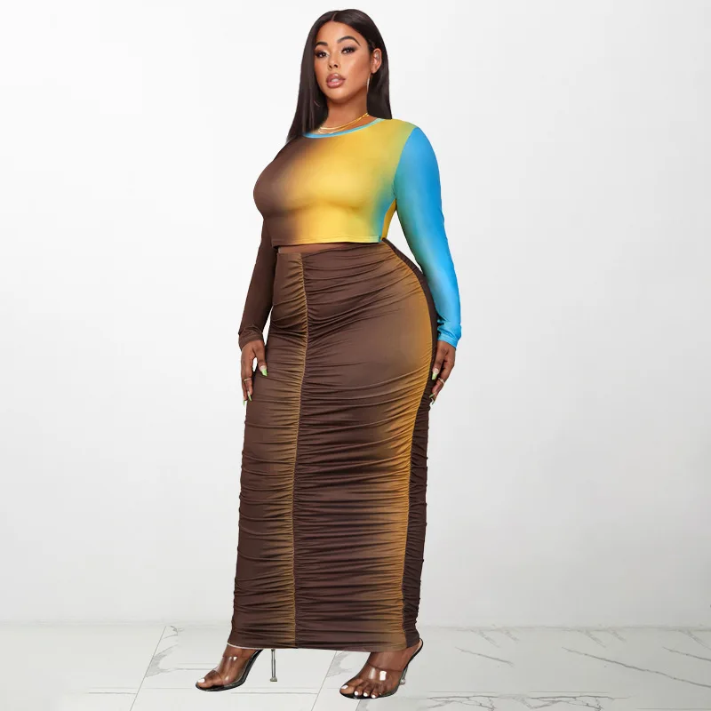 Plus Size Sets Short Top Gradual O-NECK Ruffle Fashion Tight Ankle Length Dress Two Piece Sets Womens Outifits Long sleeve Y2K
