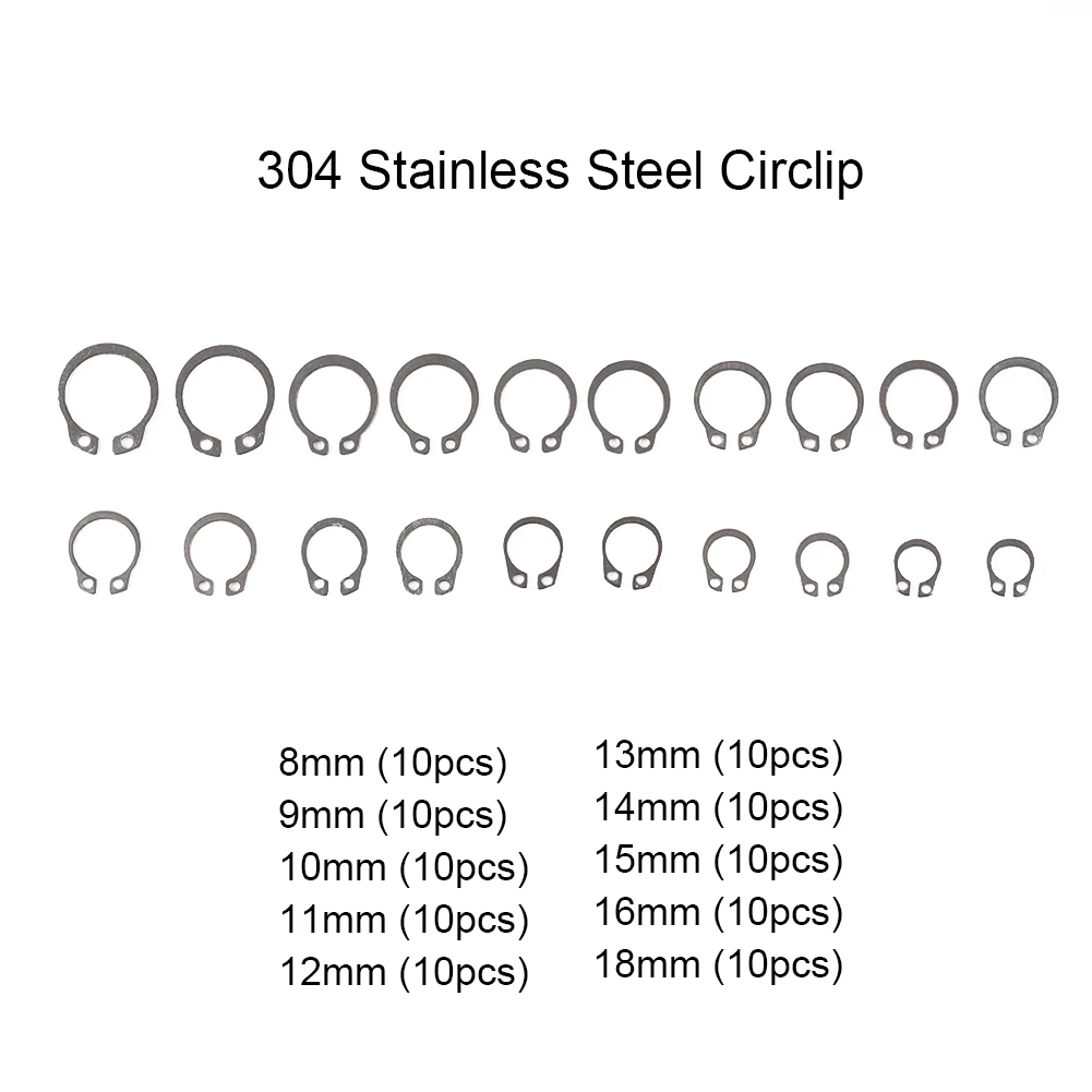 

100 PCS 304 Stainless Steel Stainless Steel E Clip Washer Assortment Kit Circlip Retaining Ring For Shaft Fastener M8~M18