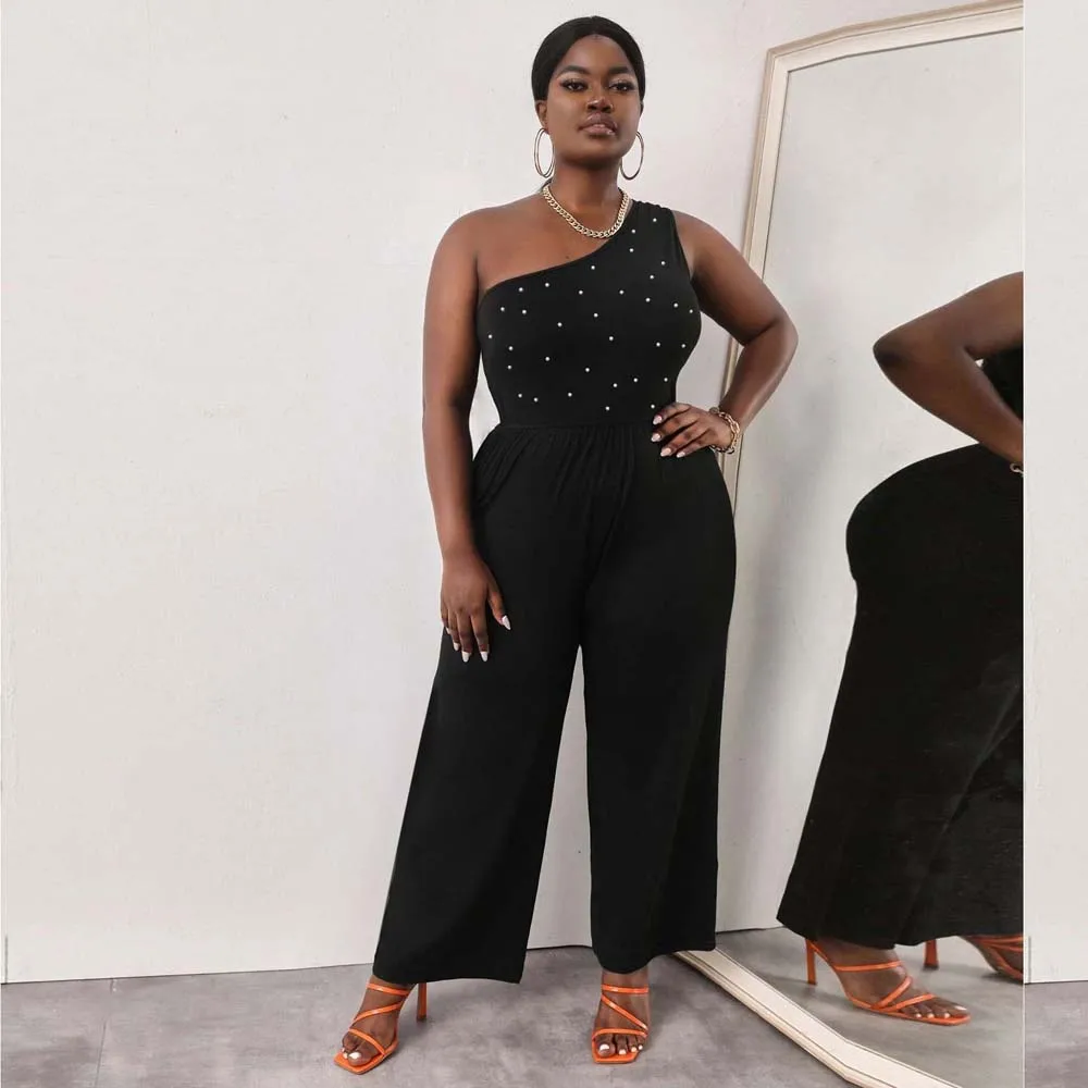 

Simple Design Black Long Jumpsuit Sexy One Shoulder Sleeveless Summer Wide Leg Pants One Piece Ladies Elegance Party Overalls