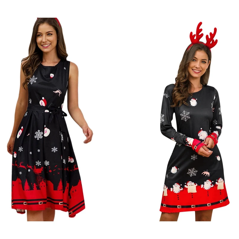 

NEW-Xmas Printed O-Neck Sleeveless Dress Women Clothing Black Red M & Long Sleeve Dress O Neck Long Sleeve Party Dresses