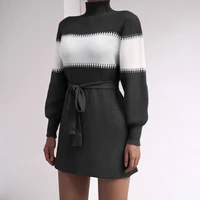 womens long sleeved casual color matching half high neck knitted sweater dress winter patchwork casual knitted dress 2022