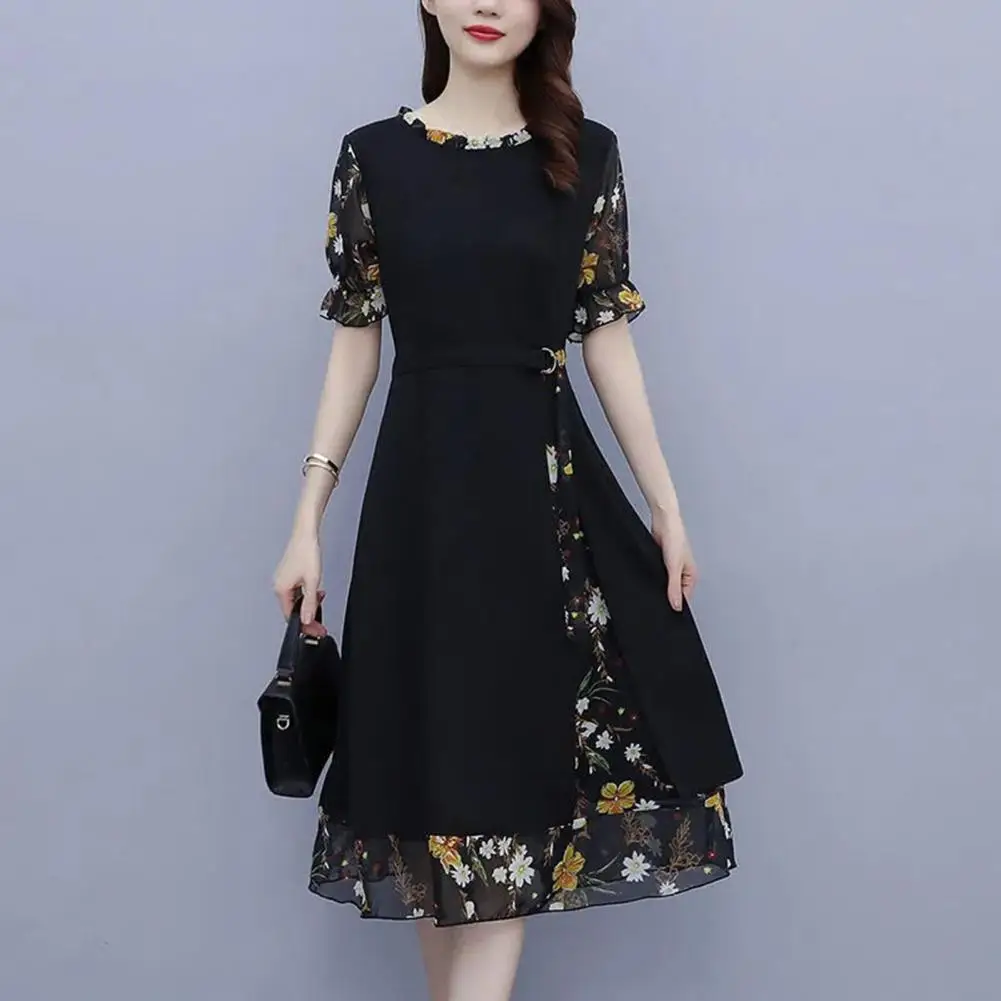 

Women Dress O-neck Party Dress Women Summer Floral Stitching Print Midi Dress