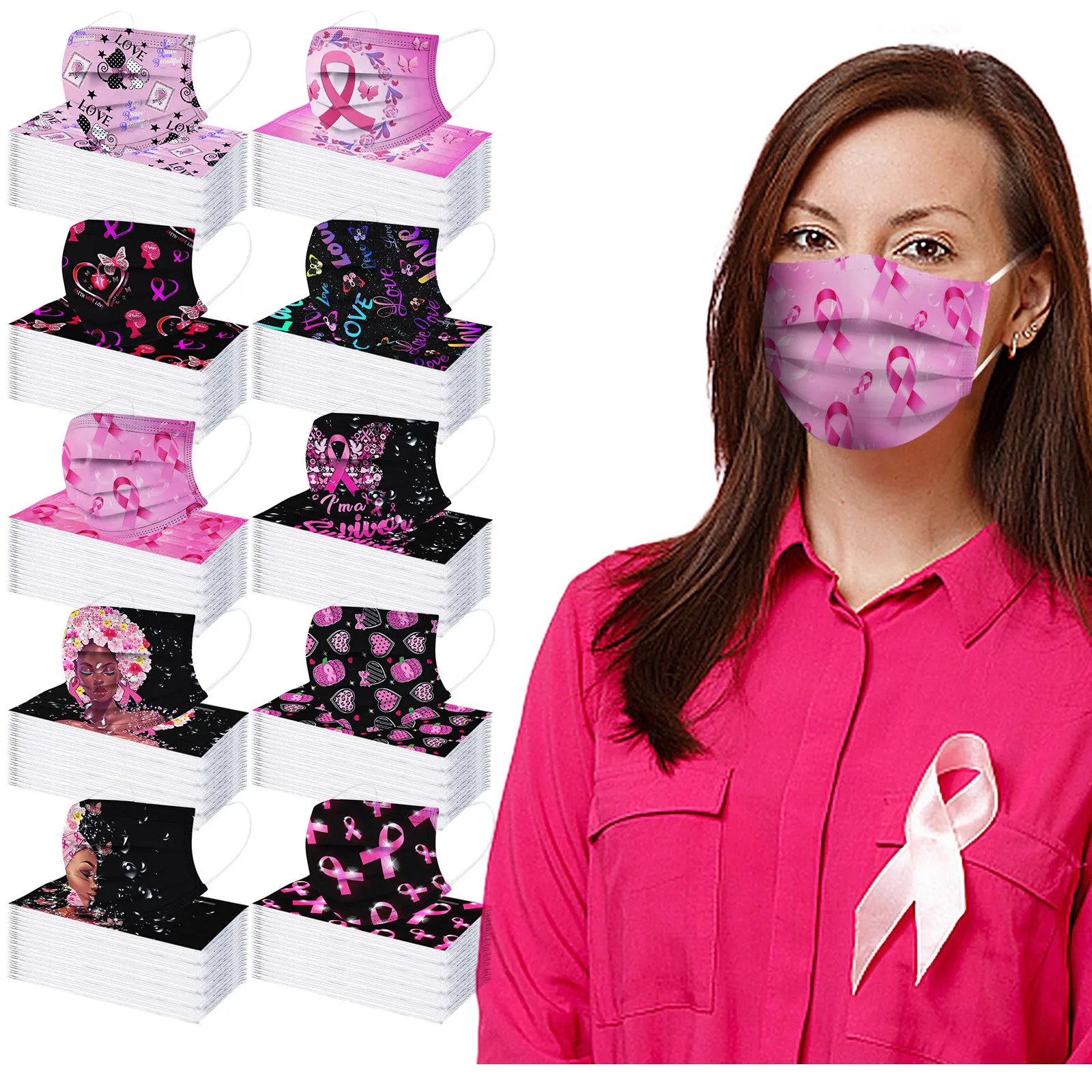 

50pc Adult Disposable Mouth Face Mask 3 Layers Meltblown Filter Safe Mask Red Ribbon Pattern Breast Cancer Theme Decoration