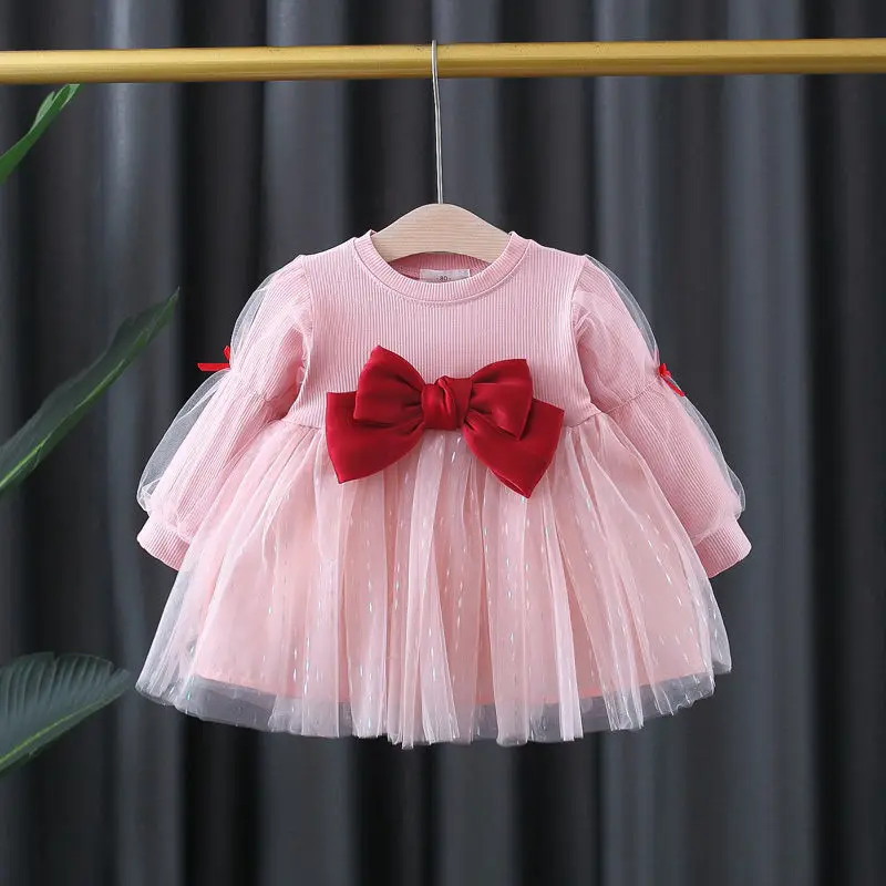 

Spring Autumn Sweet Girl Clothes Round Neck 95% Pure Cotton Long Sleeve Kids Lace Patchwork Bow Net Yarn Midi Princess Dress