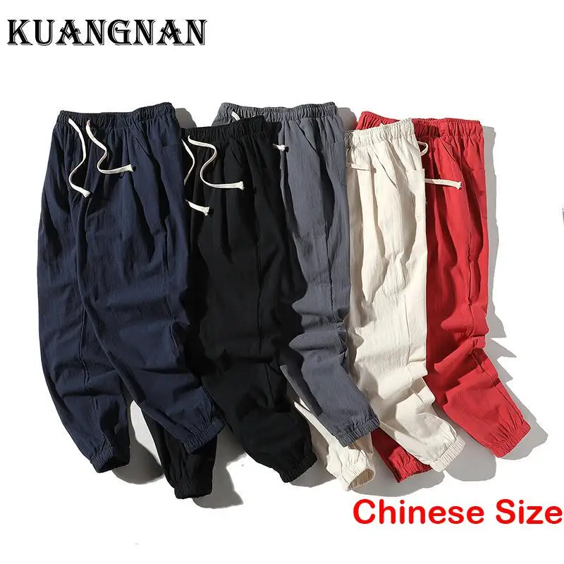 

KUANGNAN Cotton Linen Korean Streetwear Men Trousers Pant Harajuku Oversize Pants for Man Men's Clothing Male 4XL 2023 Spring