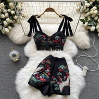 2022 summer new sunday printed set outfits bow tie strap beading tassel bustier cropped tops and high waist mini shorts skirts