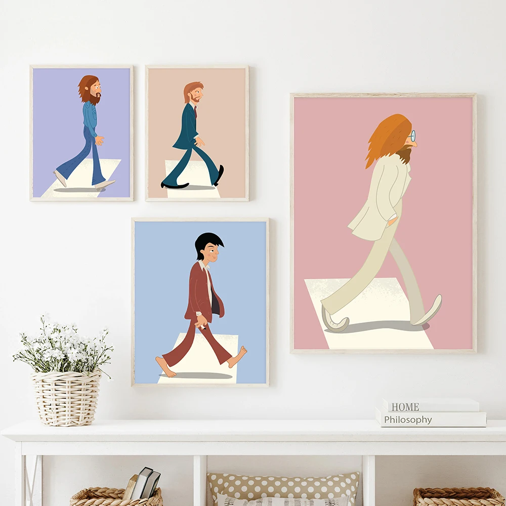 

Four Men Side Road Art Print Poster Abstract Cartoon Home Decor Living Room Mural Bearded Boy Music Band Picture Wall Decorative