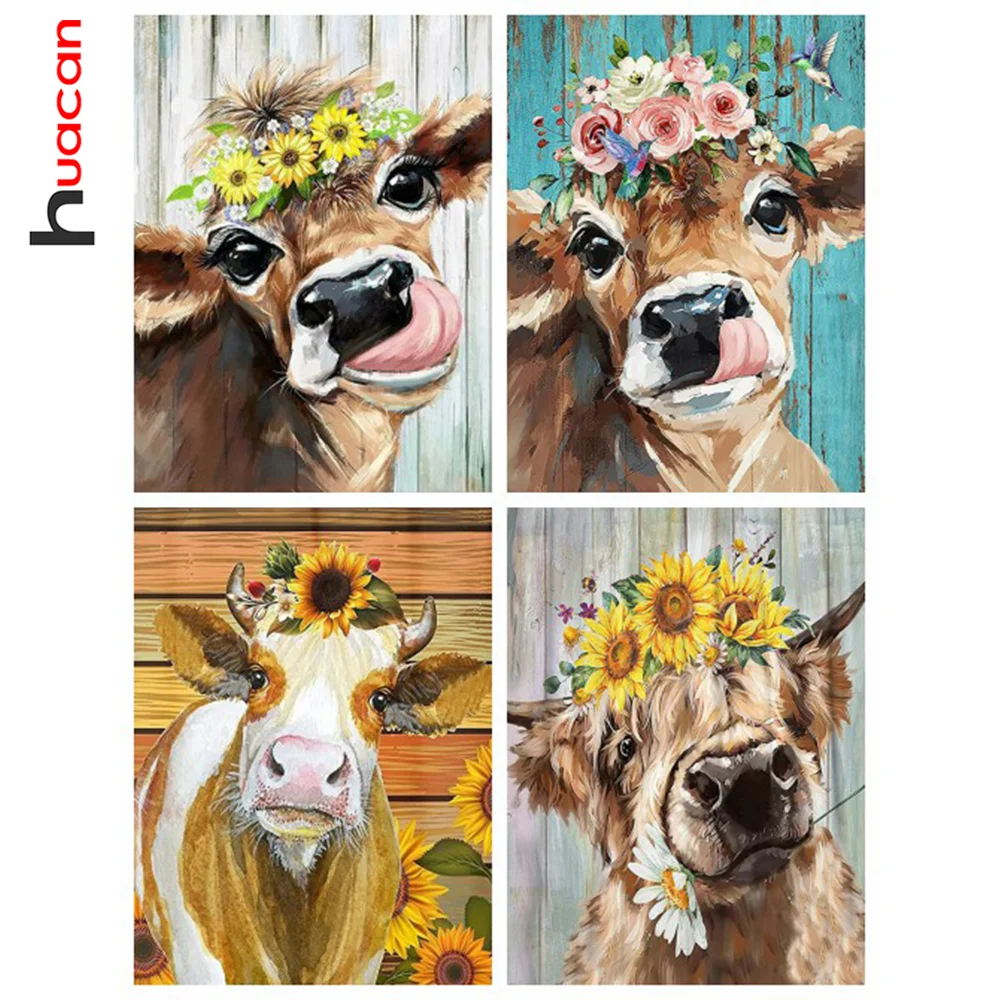 Huacan Diamond Painting New Collection Cow Sunflower Cross Stitch Embroidery Mosaic Animal Flower Home Decor Wall Art