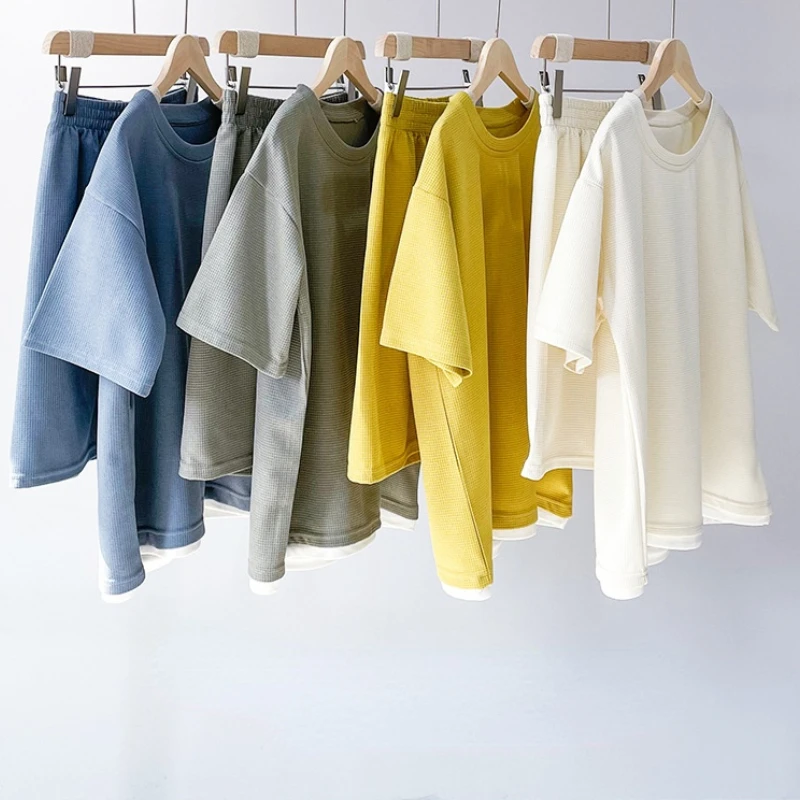 

Весенне-летняя новая однотонная простая свободная и удобная домашняя одежда, повседневный женский костюм с вафельным принтом и короткими рукавами