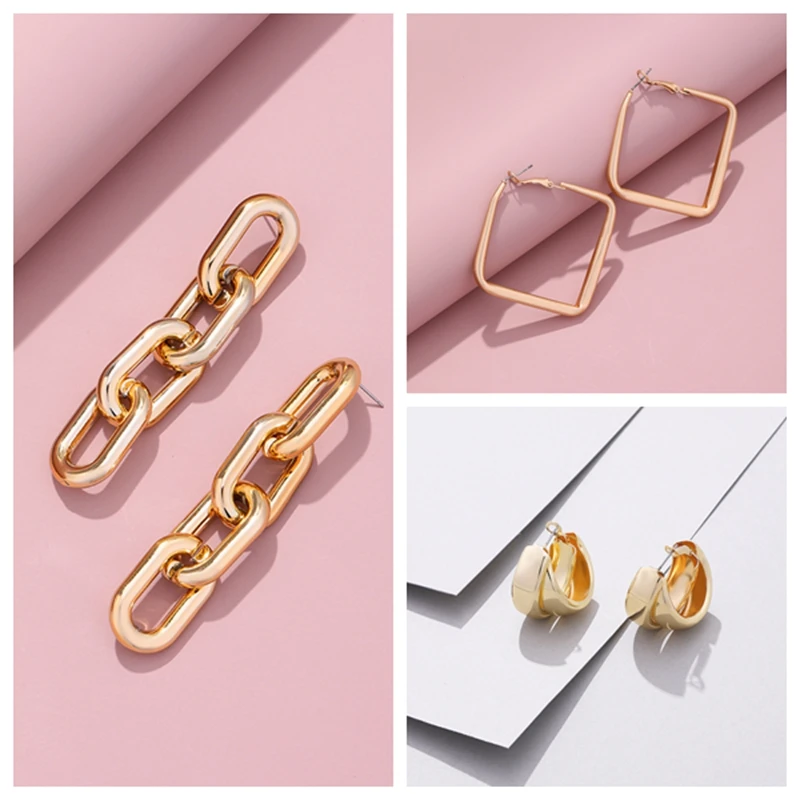

Link Gold Color Drop Earrings Multi Chain Thin Geometric Exaggerated Metal Earrings For Women Earrings Minimalist Jewelry New