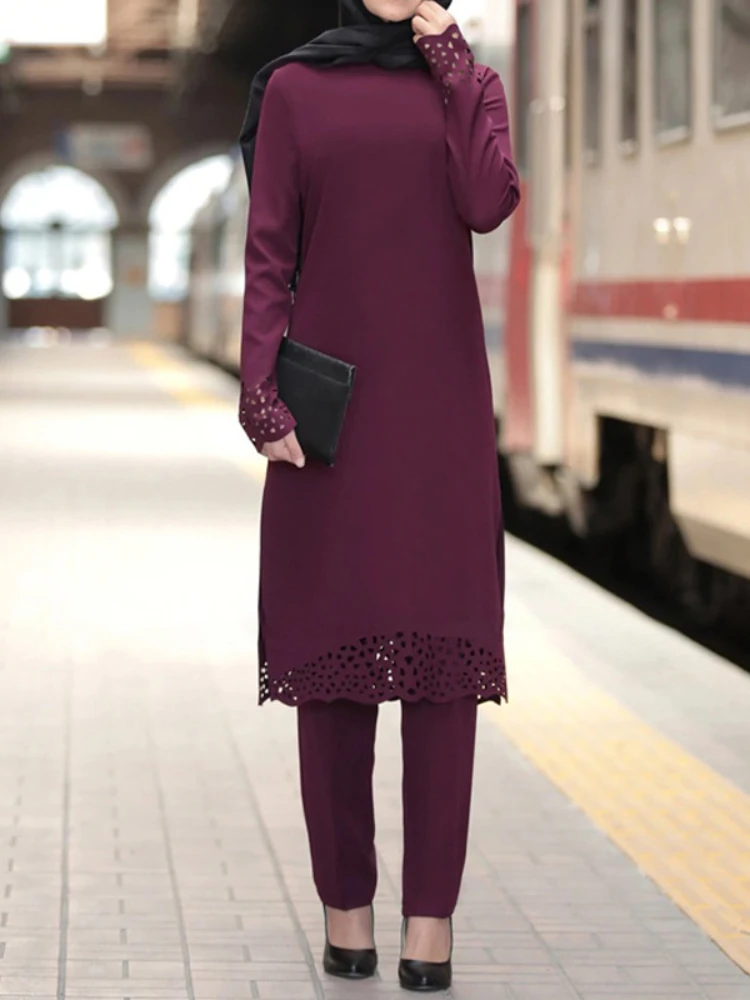 Комплект из двух предметов для женщин, топ и брюки, Турецкая мусульманская абайя, сплит-платья абайя, марокканский кафтан, Исламская одежда, ...