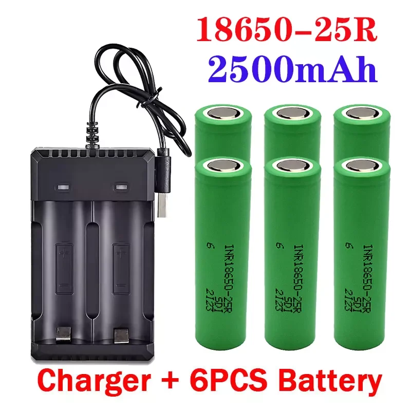 

100% Original 18650 Battery 3.7V 2500Mah INR18650 25R Hoge Ontlading 20A Power Bateria Mobiele Voor Schroevendraaier+USB charger
