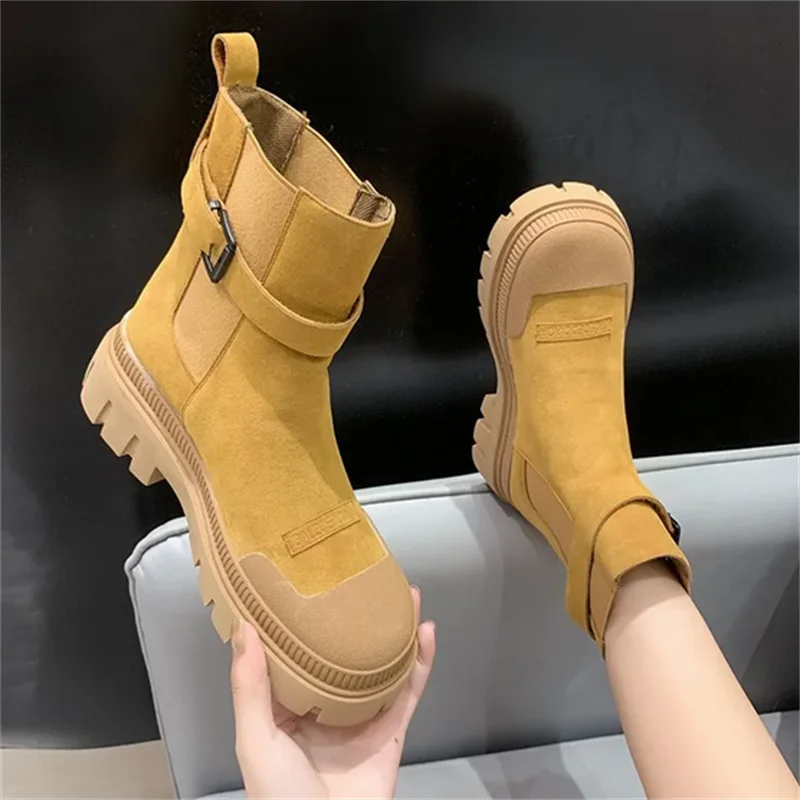 British Style Women's Shoes Vintage Women's Chelsea Boots Split Leather Mid-Calf Boots Thick Heels Round Toe Slip-on