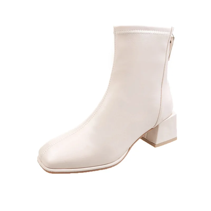 Brand Square Toe Short Boots Women's 2022 Autumn and Winter New Plus Velvet Square Heel  Boots Rear Zipper Thin Boots Women