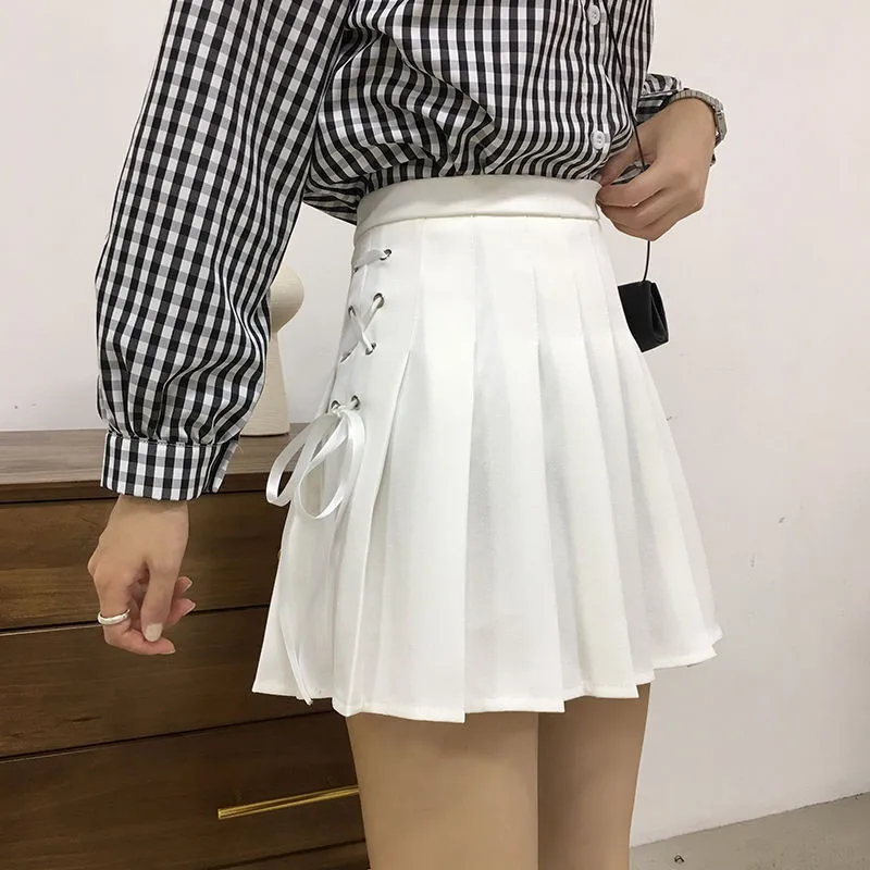 

Women Pleated Skirt Summer Solid A Line High Waist Mini Skirts Harajuku Gothic Punk Hip Hop Bow Lace-Up Preppy Girls Sexy Skirt