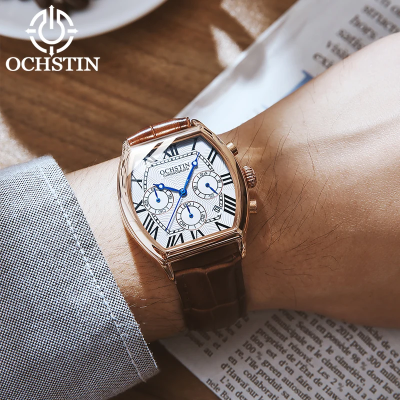 Мужские кварцевые часы OCHSTIN Commander Series с прямоугольным корпусом, многофункциональные, с ремешком из натуральной кожи, для повседневной носки и активного отдыха (art.: 3920da59be479) - 3920da59be479