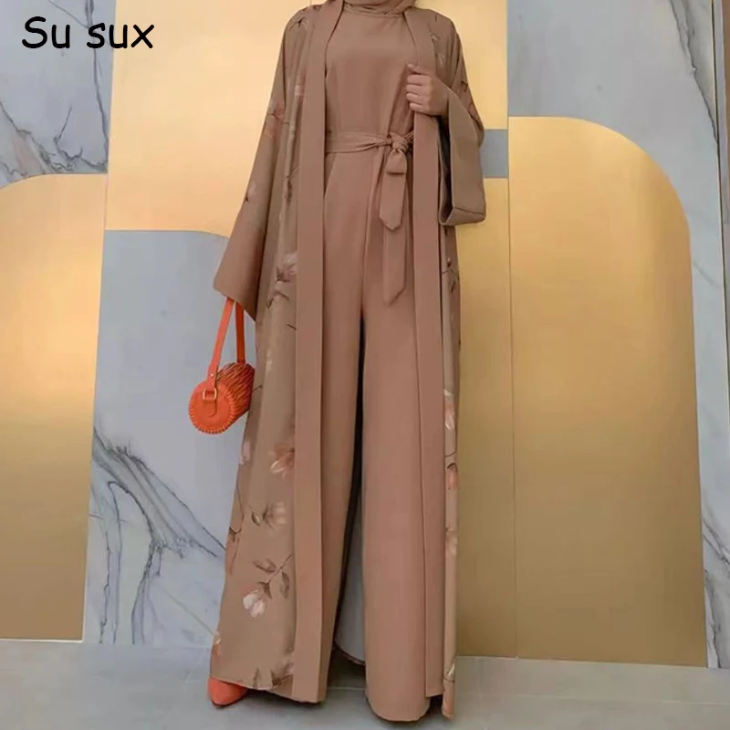 

Flower Print Muslim Sets Eid Open Abayas For Women Matching Jumpsuit 2 Piece Set Dubai Ramadan Islam Outfits Robe Femme Musulman