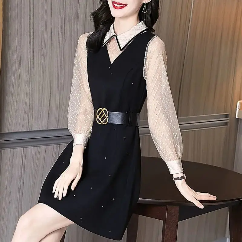

Casual dress female 2022 autumn new French Slim waist A word show thin turn down collar POLO shirt fake two dress women tops