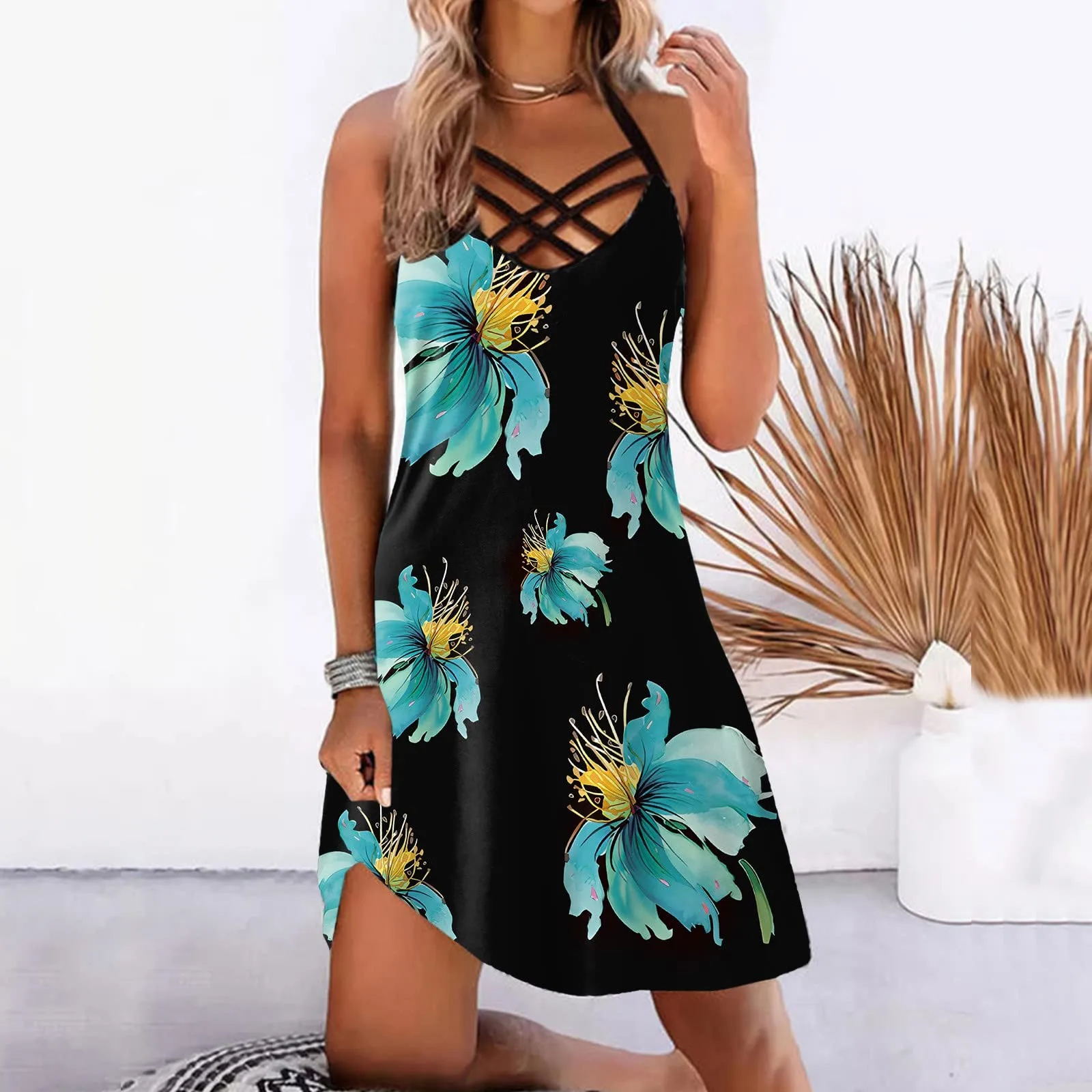 

Vintage Cross Bandage Backless Dress Women Summer Casual Sexy Hollow Out V-neck Sleeveless Sundress Loose Beach Mini Dress