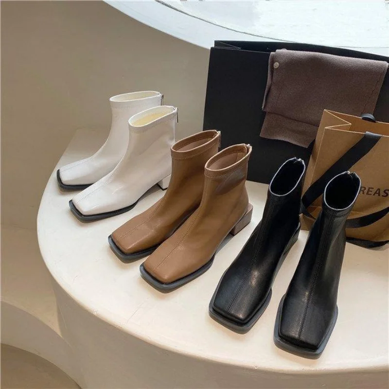 Spring Women's Ankle Boots Women's Low Heel Fashion Zipper Shoes Fall Winter Leather Women's Short Boots Botas Mujer 2023 New