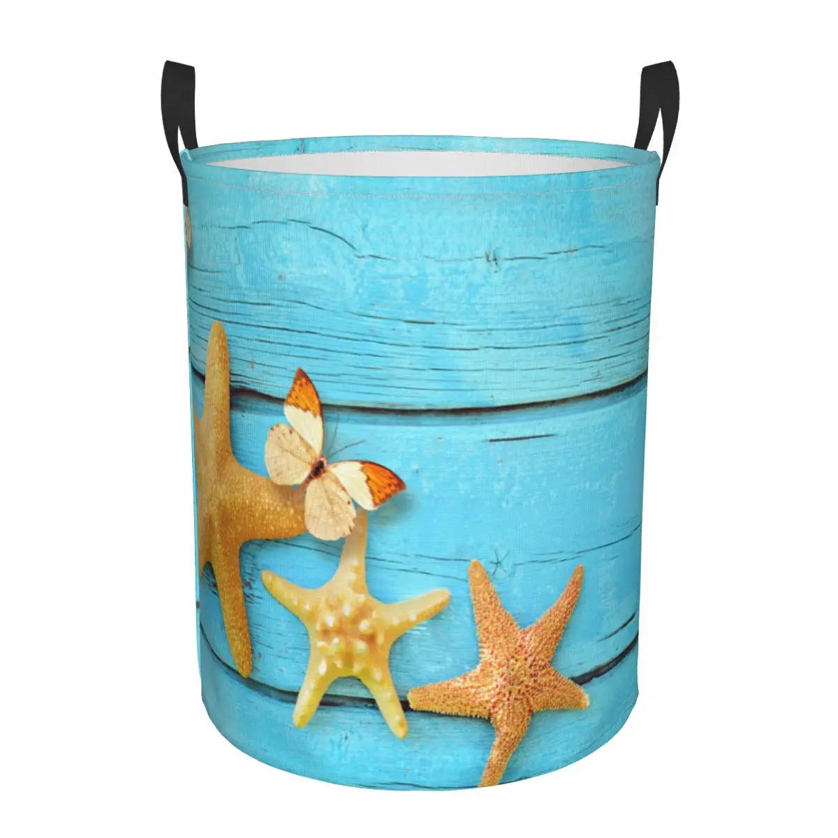 Folding Laundry Basket Family Of Starfish On Blue Wooden Round Storage Bin Large Hamper Collapsible Clothes Toy Bucket Organizer