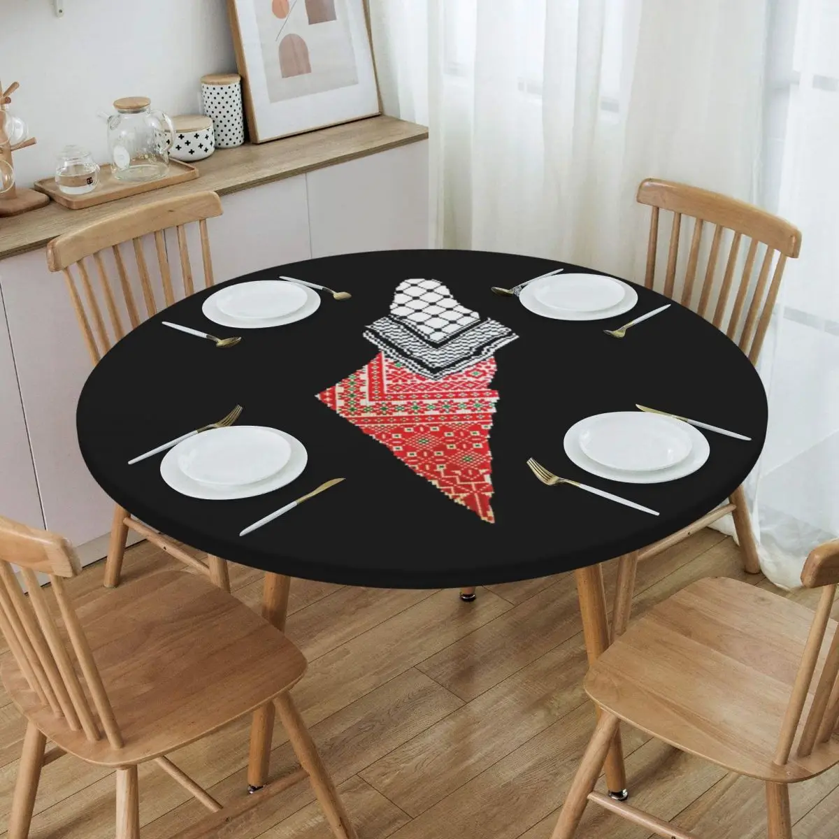 

Waterproof Oil-Proof Embroidery Palestinian Map Tablecloth Backed Elastic Edge Table Cover Palestine Hatta Keffiyeh Table Cloth