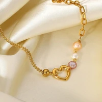 gold plated colorful pearl bracelet creative stainless steel asymmetric heart charm bracelets for women luxury party jewelry
