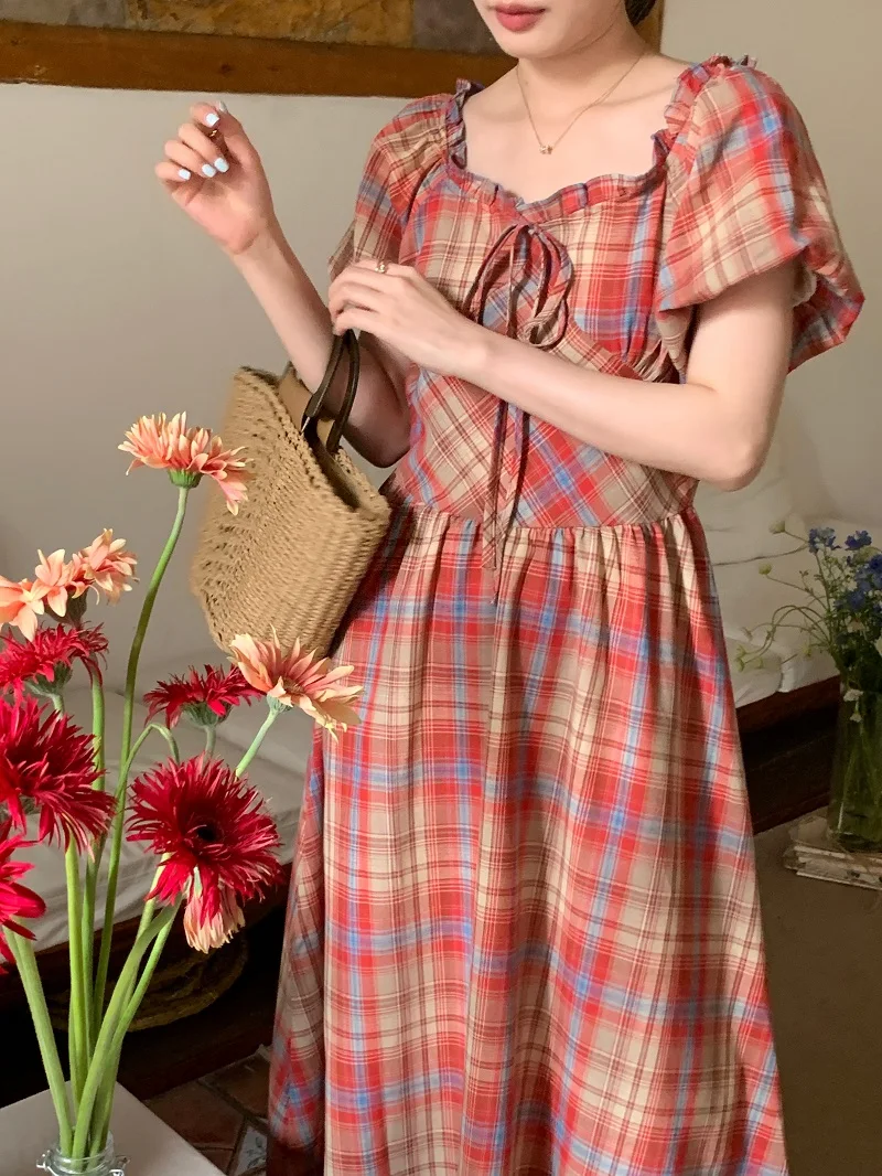 

Vintage Plaid Long Dress For Women Summer Short Puff Sleeve Square Collar Dresses Female Korean Fashion Vestids 1130