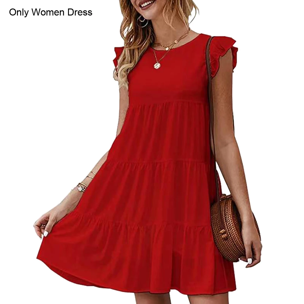 

Crew Neck Flowy Casual Solid Soft Daily Pullover Loose Short Ruffle Sleeve Pleated Summer Mini Fashion Women Dress