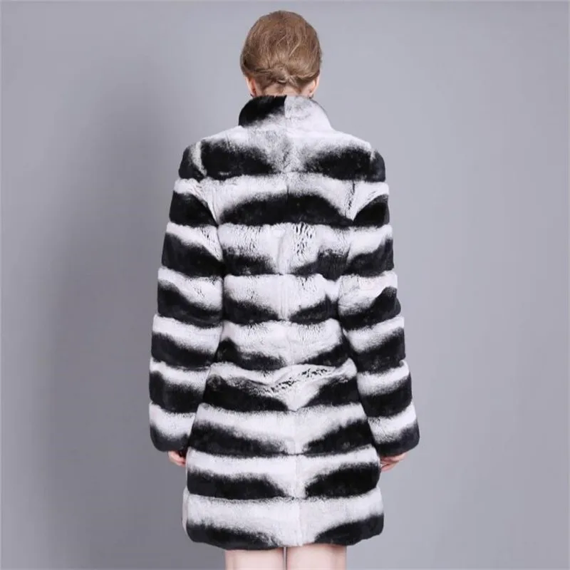 90CM Luxury Whole Skin Natural Chinchilla Fur Coats Stand Collar Striped Women Real Rex Rabbit Fur Long Jacket Winter Thick Coat