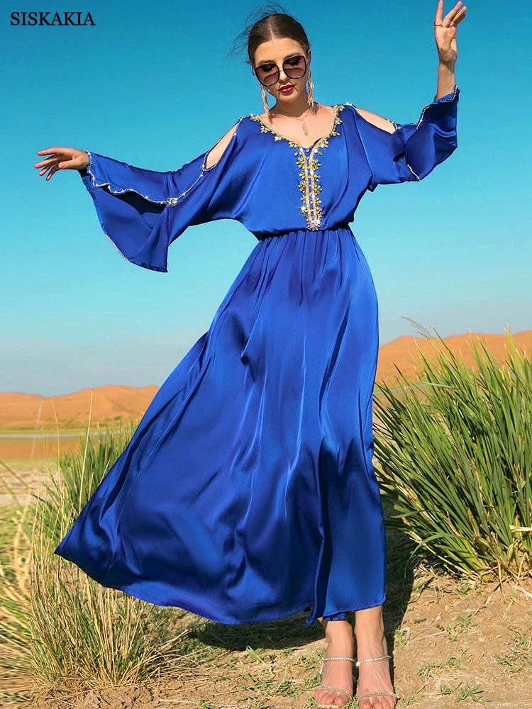 

Moroccan Kaftan Luruxy Colored Rhinestones V Neck Off Shoulder Summer Long Dress Dubai Robe 2022 Gorgeous Vacation Gulf Abayas