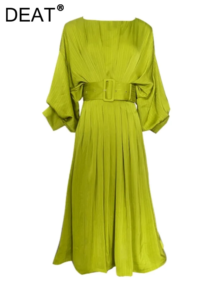 Женское платье с воротником-лодочкой DEAT зеленое Элегантное повседневное высокой