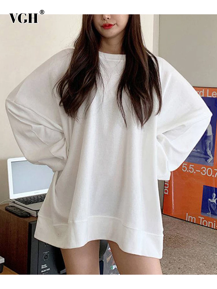 

Женский Свободный свитшот VGH, повседневный однотонный минималистичный свитшот с круглым вырезом и длинными рукавами-фонариками, весенняя о...