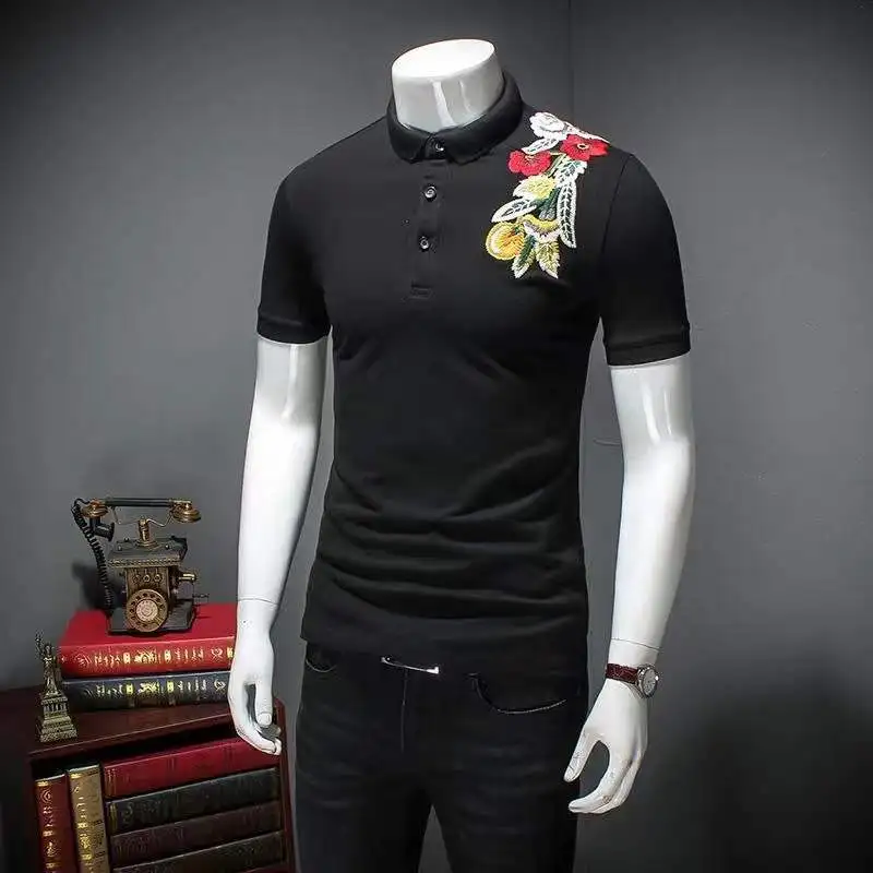

Рубашка-поло мужская с вышивкой, модная блуза с коротким рукавом, приталенный силуэт, весна-лето