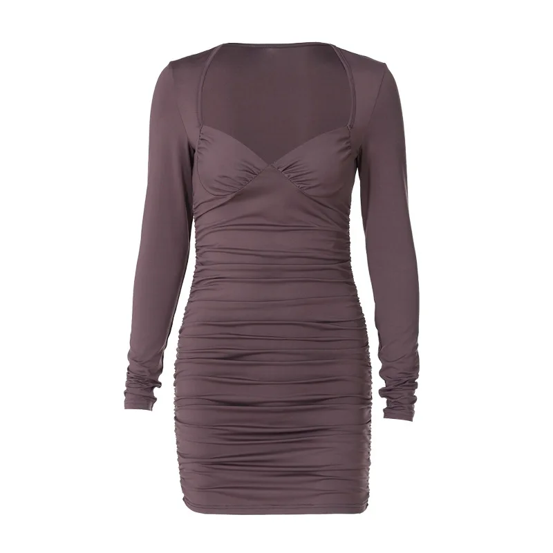 

Sexy Women's New Spring Deep V Tube Top Long Sleeve Slim Wrinkled Fashion Short Nightclub Mid Waist Dress Free Shipping