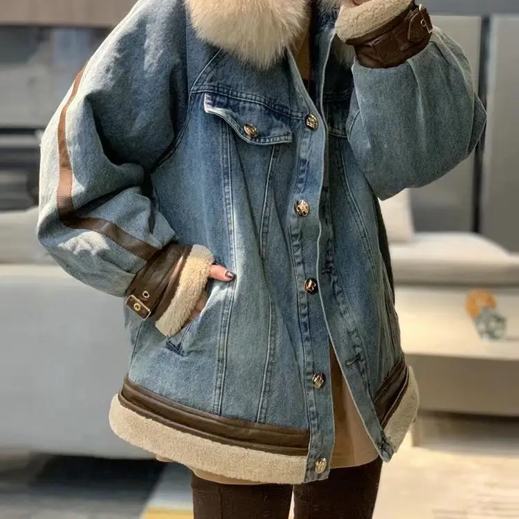 

2022 High-quality Winter Fur Jacket Women Denim Coats Lamb Wool Jean Thick Long Sleeve Overcoat Outwear Vintage Female Coat Q455