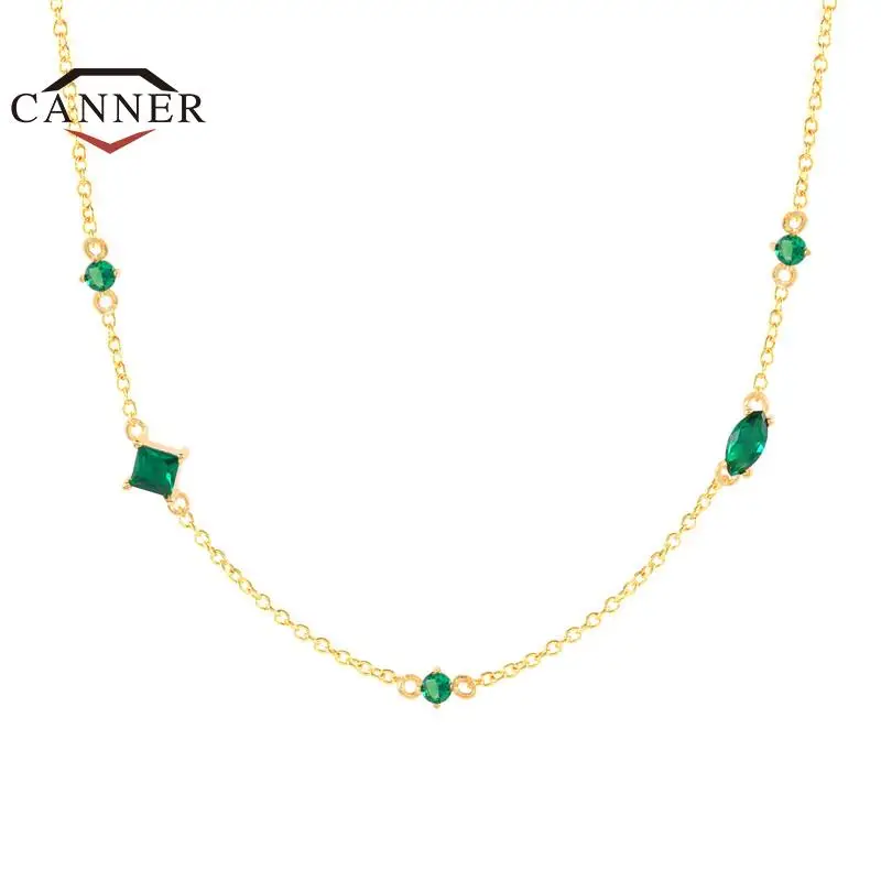 CANNER 925 Sterling Silver Necklace for Women Mini Green Cubic Zirconia Collarbone Choker Chain Necklaces Wedding Fine Jewelry