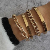 aporola fashion retro alloy open bangle bracelet set chain love letter glossy ladies bracelet jewelry sets for women