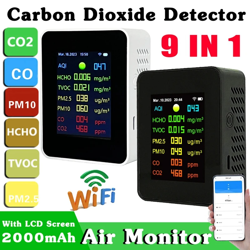 

9-In-1 Wifi PM2.5 PM10 HCHO TVOC CO CO2 Air Quality Detector Digital LCD CO CO2 Formaldehyde Monitor Temp Humidity Tester APP