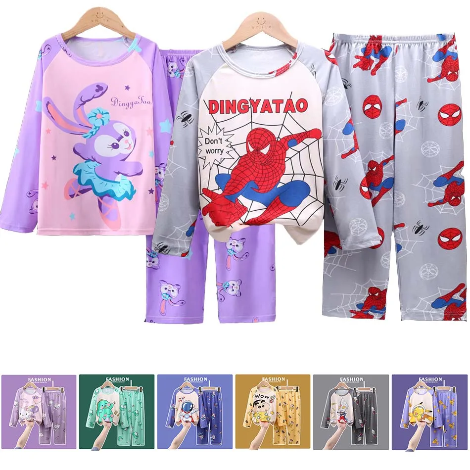 

Пижамные костюмы для мальчиков и девочек на весну и осень, комплекты из 2 предметов с мультяшным принтом паука, детская одежда для сна из ани...