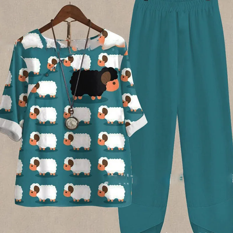 

Casual Women Loose Two Piece Outfit Spring O Neck Tee Shirt And High Waist Pants Suit Summer Vintage Female Print Set Streetwear