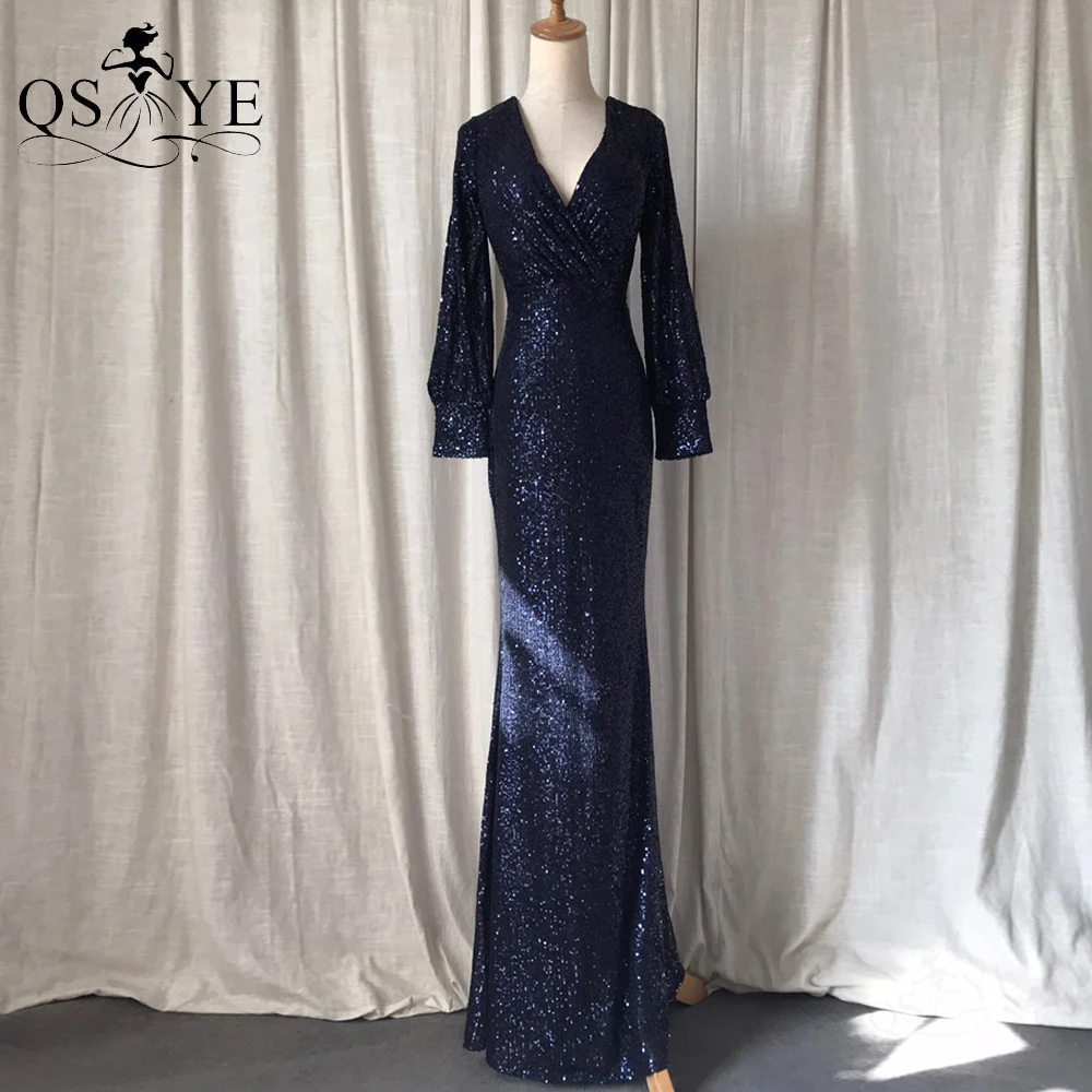 

Long Sleeves Navy Evening Dress Fitted Mermaid Sequin Evening Gown Glitter Sexy V Neck Party Dress Sparkle Ruched Formal Gown