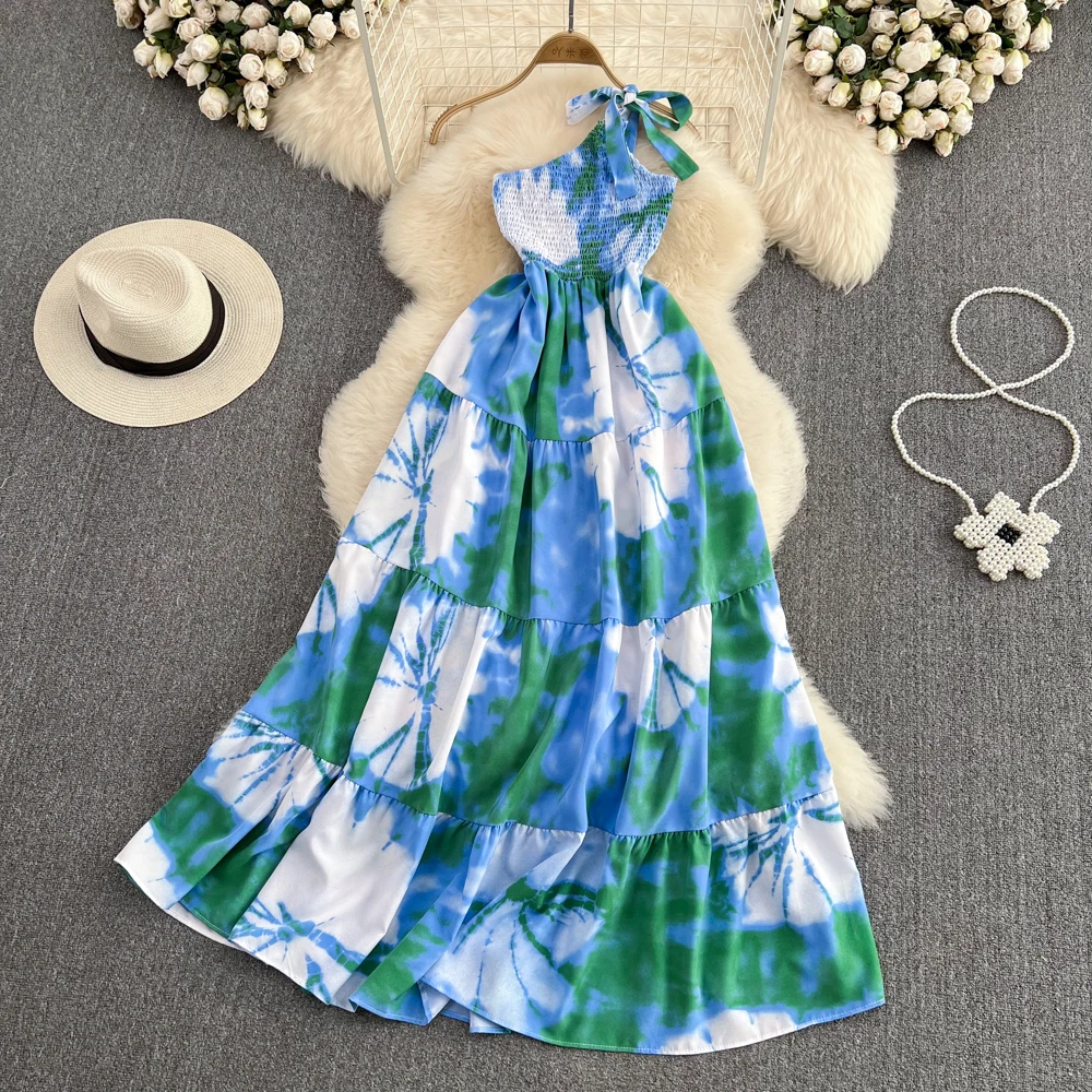 

Платье VANOVICH ТРАПЕЦИЕВИДНОЕ на одно плечо, с высокой талией и принтом на завязках, летнее Новое темпераментное милое платье до щиколотки с ба...