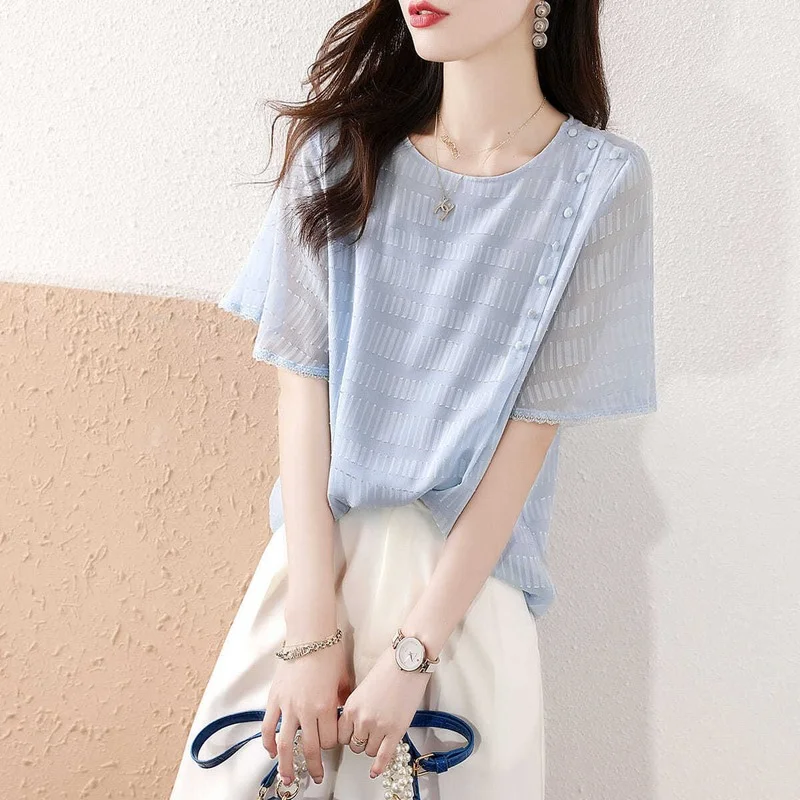 

Summer Korean Style Fashion T Shirt Woman O Neck Short Sleeve T-shirt Woman Chiffon TShirt Women Shirts J341