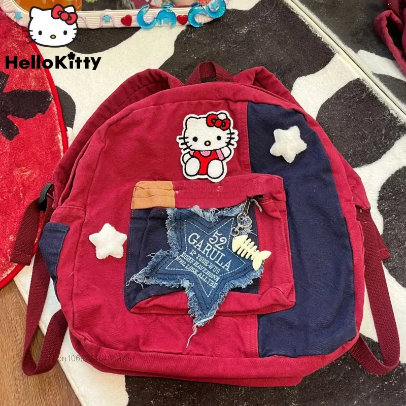 

Холщовый Рюкзак Hello Kitty Y2k для женщин, винтажная джинсовая сумка на плечо с пентаграммой, вместительный школьный ранец, модные сумочки для подростков