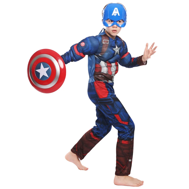 

Captain America Cosplay Costume Shield Superhero Steve Rogers Muscle Bodysuit Jumpsuit for Kids Halloween Cosplay Carnival Party