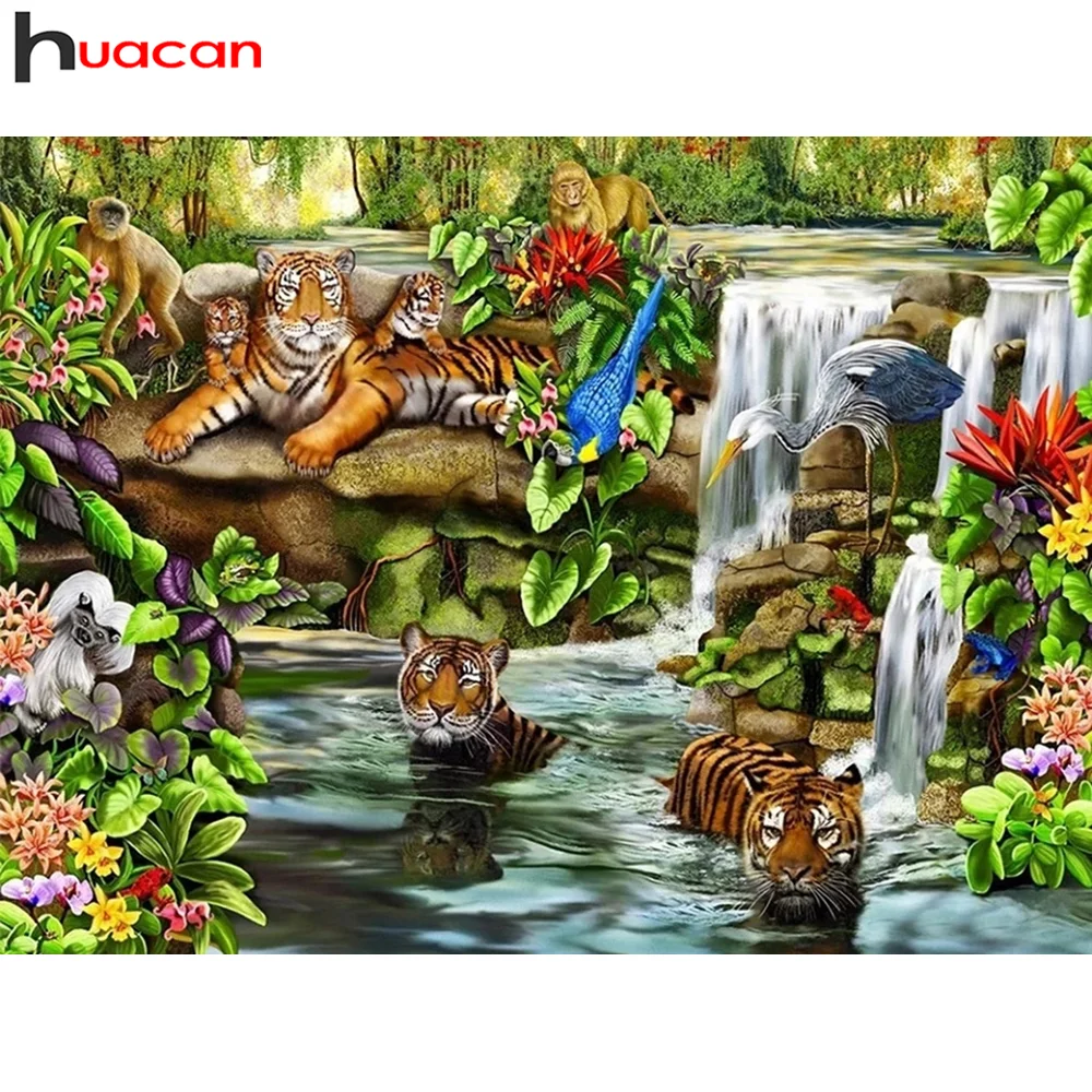 

Алмазная живопись Huacan, полная яркость, вышивка 5d своими руками, мозаика, водопад, тигр, пейзаж, настенные постеры