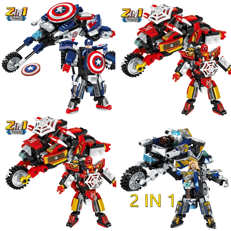 

2 IN 1 Marvel Movie Avengers Clan Transforming Mecha Motorcycle Model Building Blocks Bricks Sets Classic Dolls Kids Toys Gits